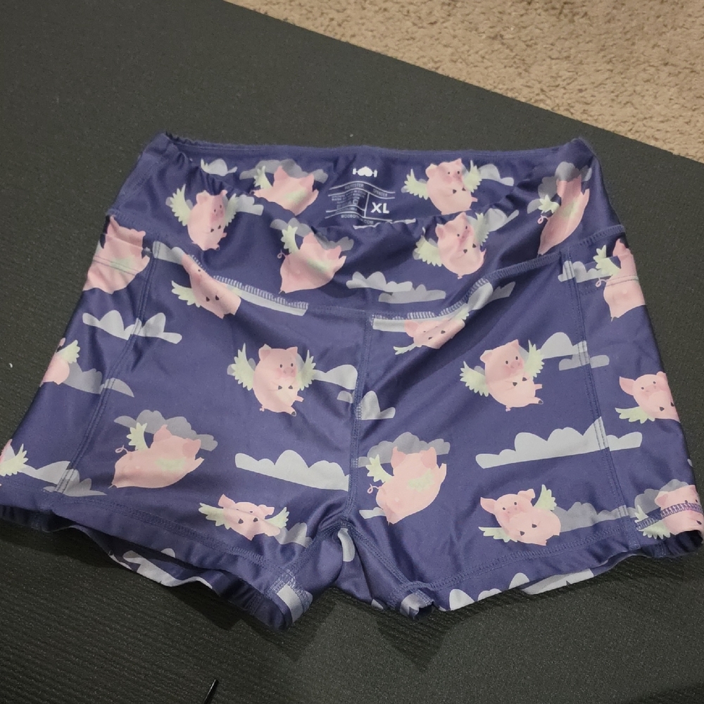 Women's Athletic Shorts with Pink Flying Pig Print - XL